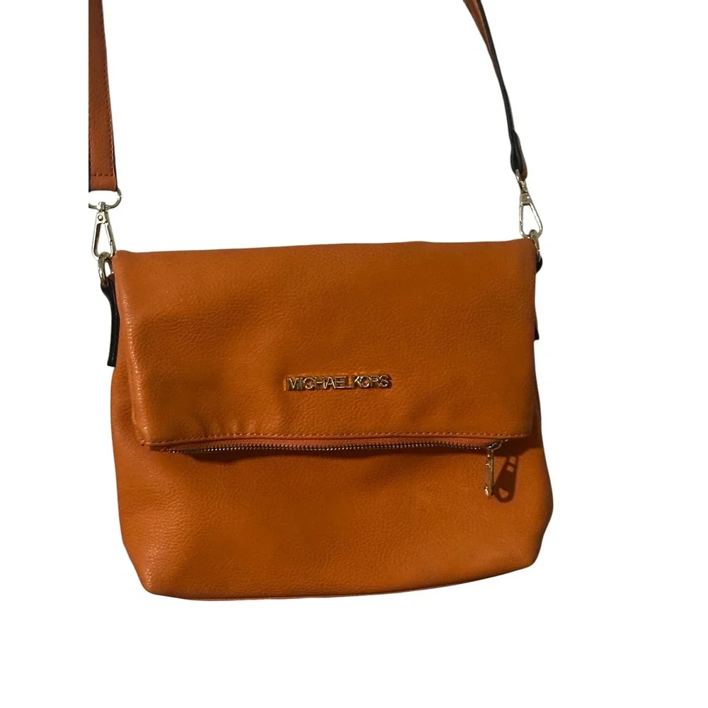Michael Kors Burnt Orange Pebbled Leather Foldover Crossbody Bag Gold Hardware